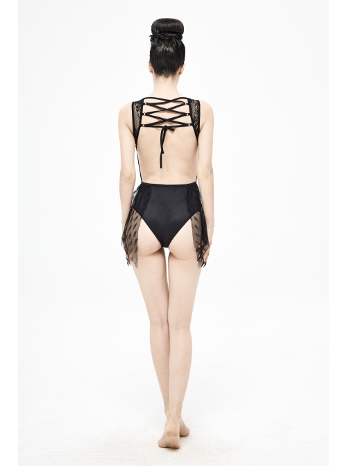 Lace Stitching Back Cross-Strap Lace-Up Black Gothic One-Piece Swimsuit