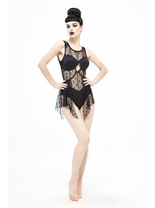 Lace Stitching Back Cross-Strap Lace-Up Black Gothic One-Piece Swimsuit