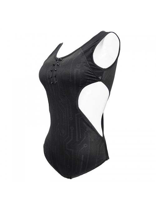 Printed Circuit Board Backless Side Waist Hollow Black Punk One-Piece Swimsuit