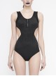 Printed Circuit Board Backless Side Waist Hollow Black Punk One-Piece Swimsuit