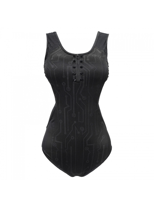 Printed Circuit Board Backless Side Waist Hollow Black Punk One-Piece Swimsuit
