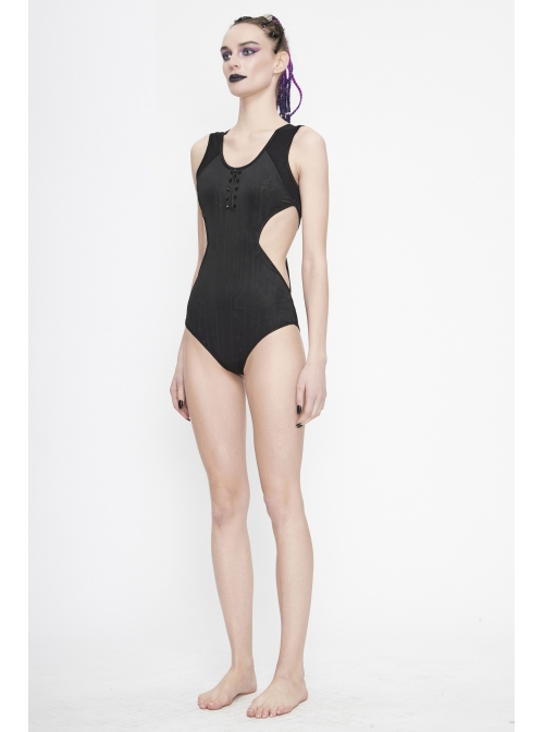 Printed Circuit Board Backless Side Waist Hollow Black Punk One-Piece Swimsuit