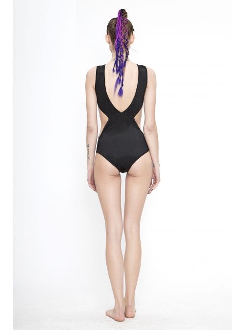 Printed Circuit Board Backless Side Waist Hollow Black Punk One-Piece Swimsuit