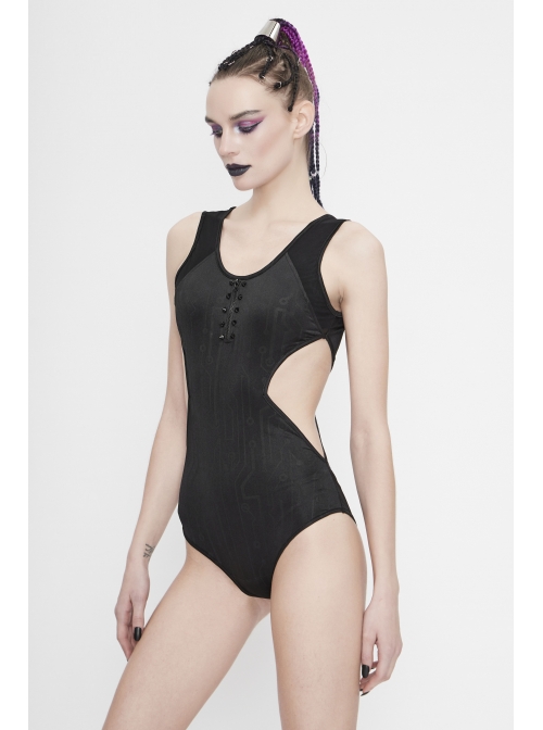 Printed Circuit Board Backless Side Waist Hollow Black Punk One-Piece Swimsuit