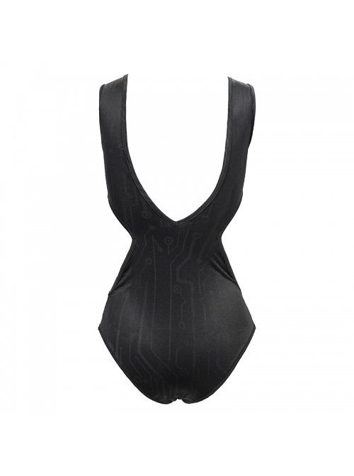 Printed Circuit Board Backless Side Waist Hollow Black Punk One-Piece Swimsuit