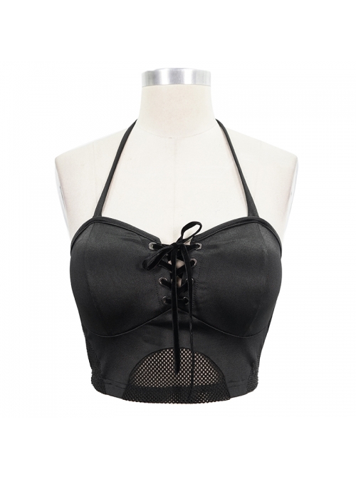 Chest Lace-Up Waist Section Mesh Black Punk Swimsuit Top