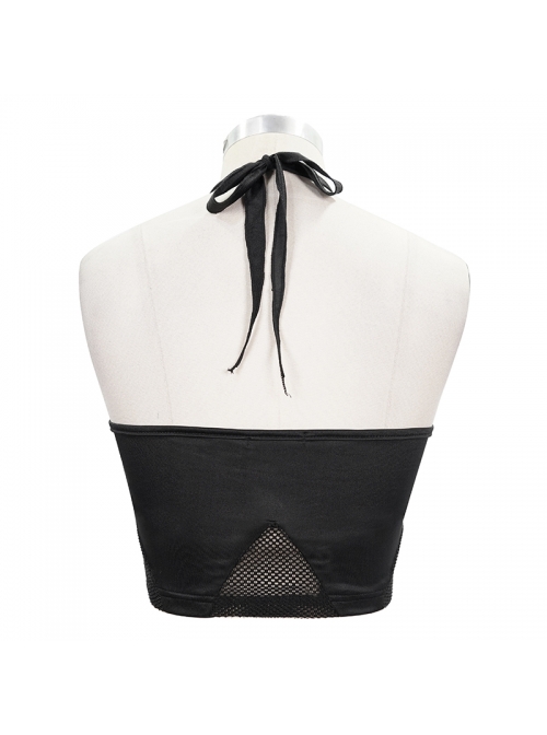 Chest Lace-Up Waist Section Mesh Black Punk Swimsuit Top