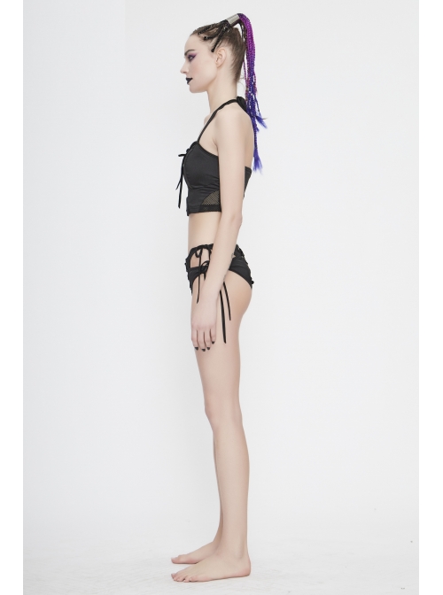 Chest Lace-Up Waist Section Mesh Black Punk Swimsuit Top