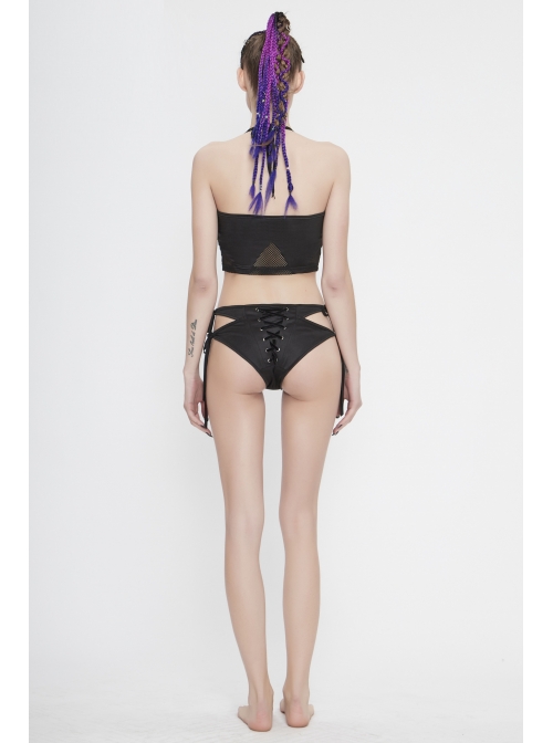 Chest Lace-Up Waist Section Mesh Black Punk Swimsuit Top