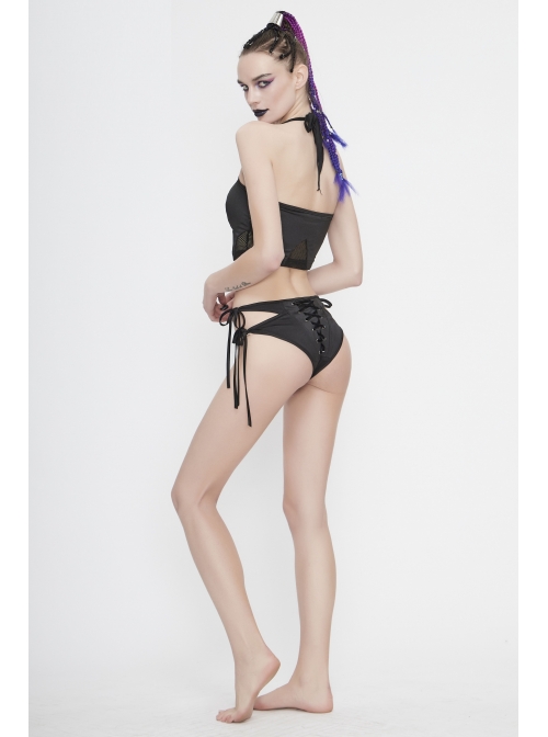 Chest Lace-Up Waist Section Mesh Black Punk Swimsuit Top