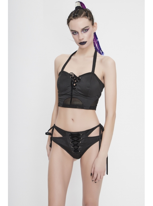 Chest Lace-Up Waist Section Mesh Black Punk Swimsuit Top