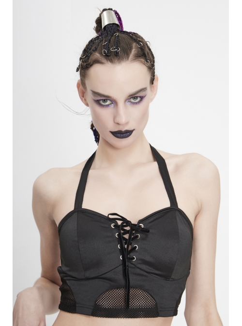 Chest Lace-Up Waist Section Mesh Black Punk Swimsuit Top
