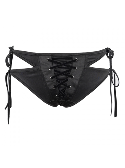 Front Middle Cross-Strap Lace-Up Black Punk Swimsuit Bottoms
