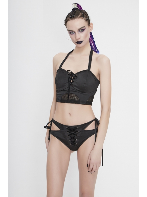 Front Middle Cross-Strap Lace-Up Black Punk Swimsuit Bottoms