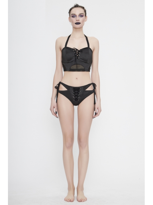 Front Middle Cross-Strap Lace-Up Black Punk Swimsuit Bottoms