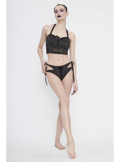 Front Middle Cross-Strap Lace-Up Black Punk Swimsuit Bottoms