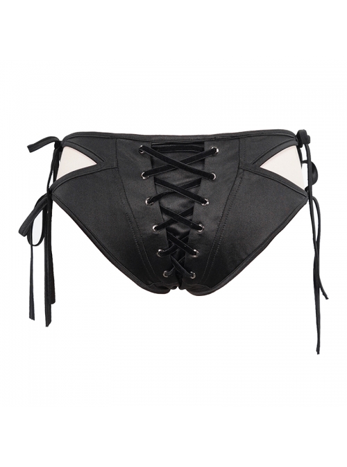 Front Middle Cross-Strap Lace-Up Black Punk Swimsuit Bottoms