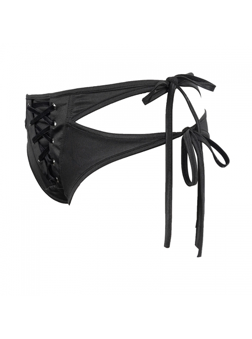 Front Middle Cross-Strap Lace-Up Black Punk Swimsuit Bottoms