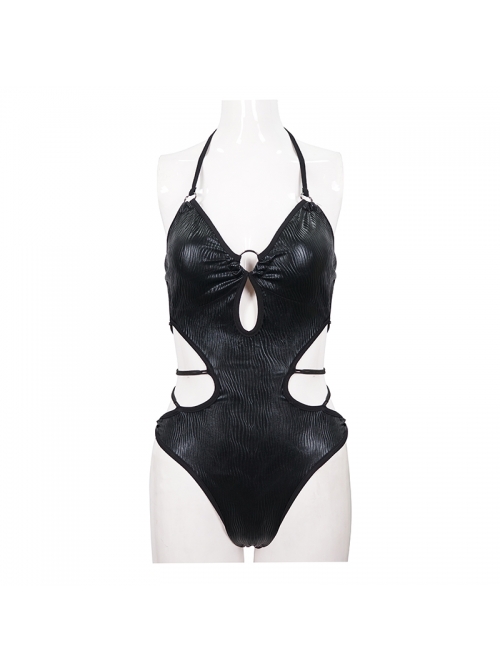 Wave Pattern Back Cross-Strap Elastic Cord Black Punk One-Piece Swimsuit