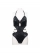Wave Pattern Back Cross-Strap Elastic Cord Black Punk One-Piece Swimsuit