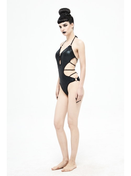 Wave Pattern Back Cross-Strap Elastic Cord Black Punk One-Piece Swimsuit