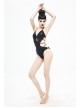Wave Pattern Back Cross-Strap Elastic Cord Black Punk One-Piece Swimsuit