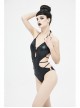 Wave Pattern Back Cross-Strap Elastic Cord Black Punk One-Piece Swimsuit