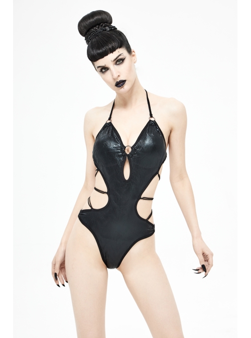 Wave Pattern Back Cross-Strap Elastic Cord Black Punk One-Piece Swimsuit