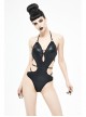 Wave Pattern Back Cross-Strap Elastic Cord Black Punk One-Piece Swimsuit