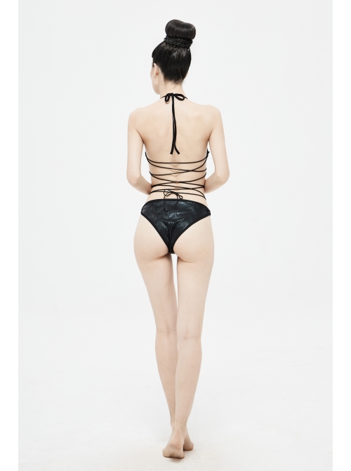 Wave Pattern Back Cross-Strap Elastic Cord Black Punk One-Piece Swimsuit