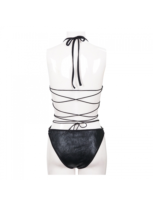 Wave Pattern Back Cross-Strap Elastic Cord Black Punk One-Piece Swimsuit