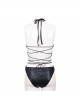 Wave Pattern Back Cross-Strap Elastic Cord Black Punk One-Piece Swimsuit