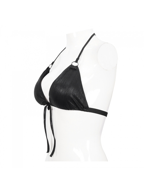 Vertical Lines Shimmer Metal Loop Halter Shoulder Strap Black Punk Bikini