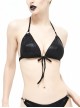 Vertical Lines Shimmer Metal Loop Halter Shoulder Strap Black Punk Bikini