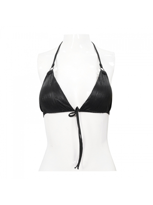 Vertical Lines Shimmer Metal Loop Halter Shoulder Strap Black Punk Bikini