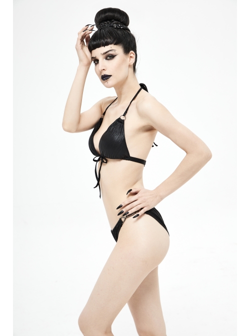 Vertical Lines Shimmer Metal Loop Halter Shoulder Strap Black Punk Bikini