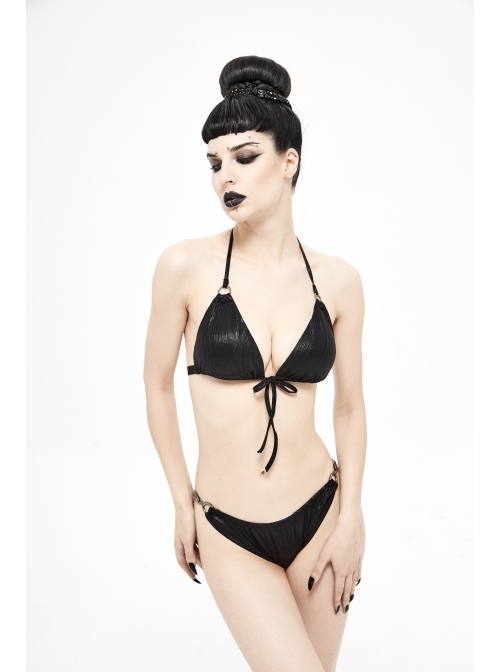 Vertical Lines Shimmer Metal Loop Halter Shoulder Strap Black Punk Bikini