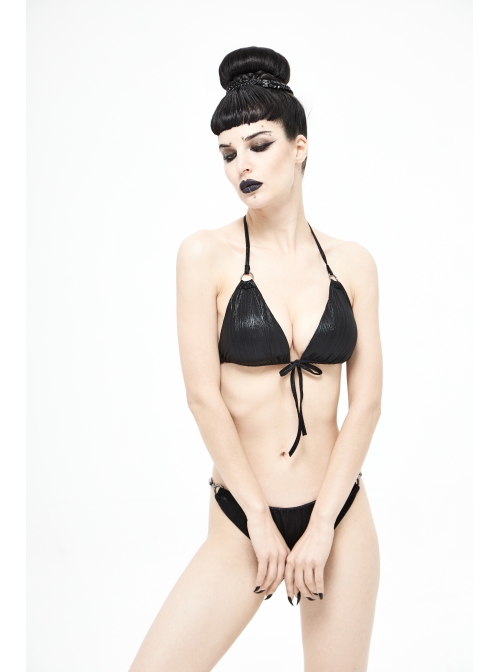 Vertical Lines Shimmer Metal Loop Halter Shoulder Strap Black Punk Bikini