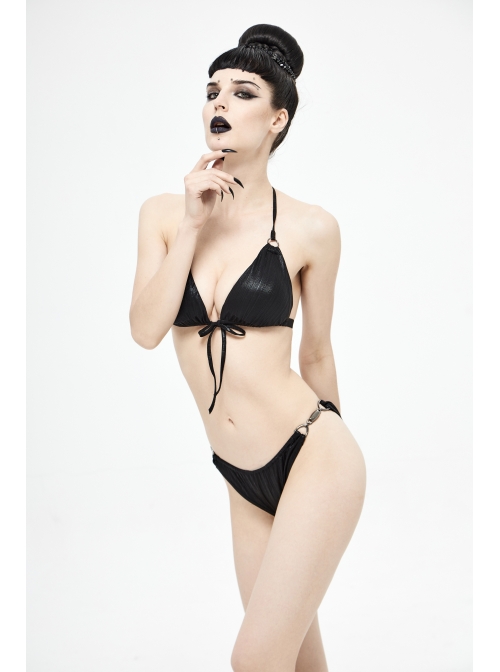 Vertical Lines Side Metal Buckles Black Punk Swim Shorts