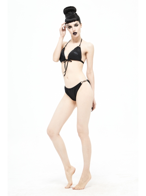 Vertical Lines Side Metal Buckles Black Punk Swim Shorts