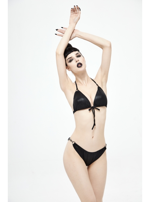 Vertical Lines Side Metal Buckles Black Punk Swim Shorts