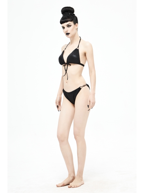 Vertical Lines Side Metal Buckles Black Punk Swim Shorts