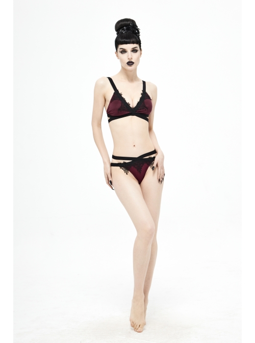 Black Lace Cross Strap Burgundy Gothic Swimsuit Set