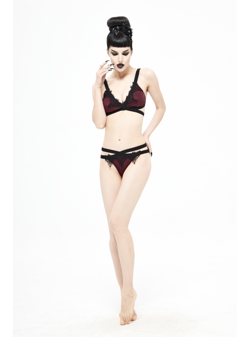 Black Lace Cross Strap Burgundy Gothic Swimsuit Set