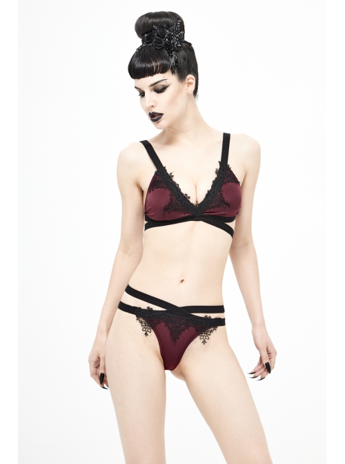 Black Lace Cross Strap Burgundy Gothic Swimsuit Set