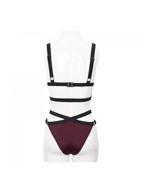 Black Lace Cross Strap Burgundy Gothic Swimsuit Set