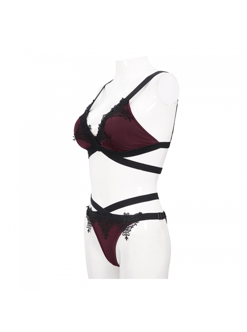 Black Lace Cross Strap Burgundy Gothic Swimsuit Set