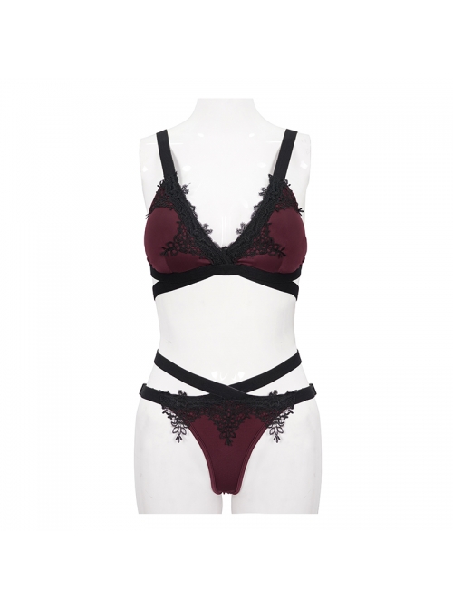 Black Lace Cross Strap Burgundy Gothic Swimsuit Set