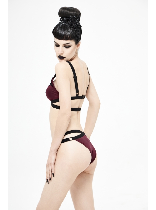 Black Lace Cross Strap Burgundy Gothic Swimsuit Set