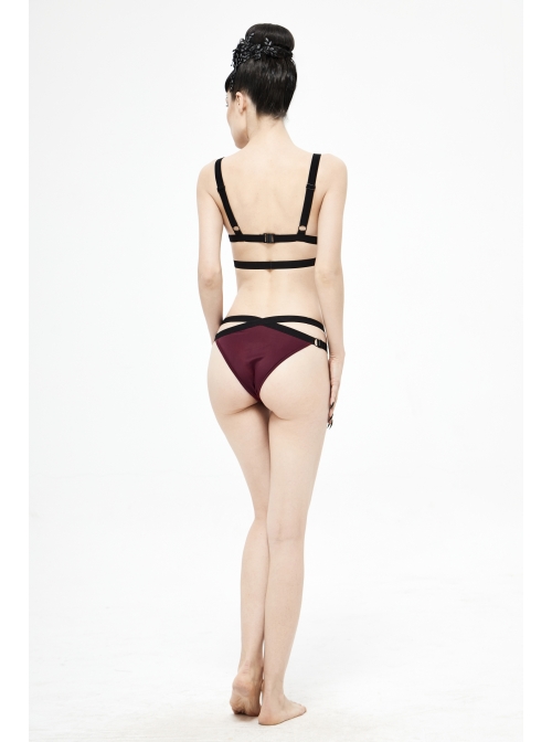 Black Lace Cross Strap Burgundy Gothic Swimsuit Set